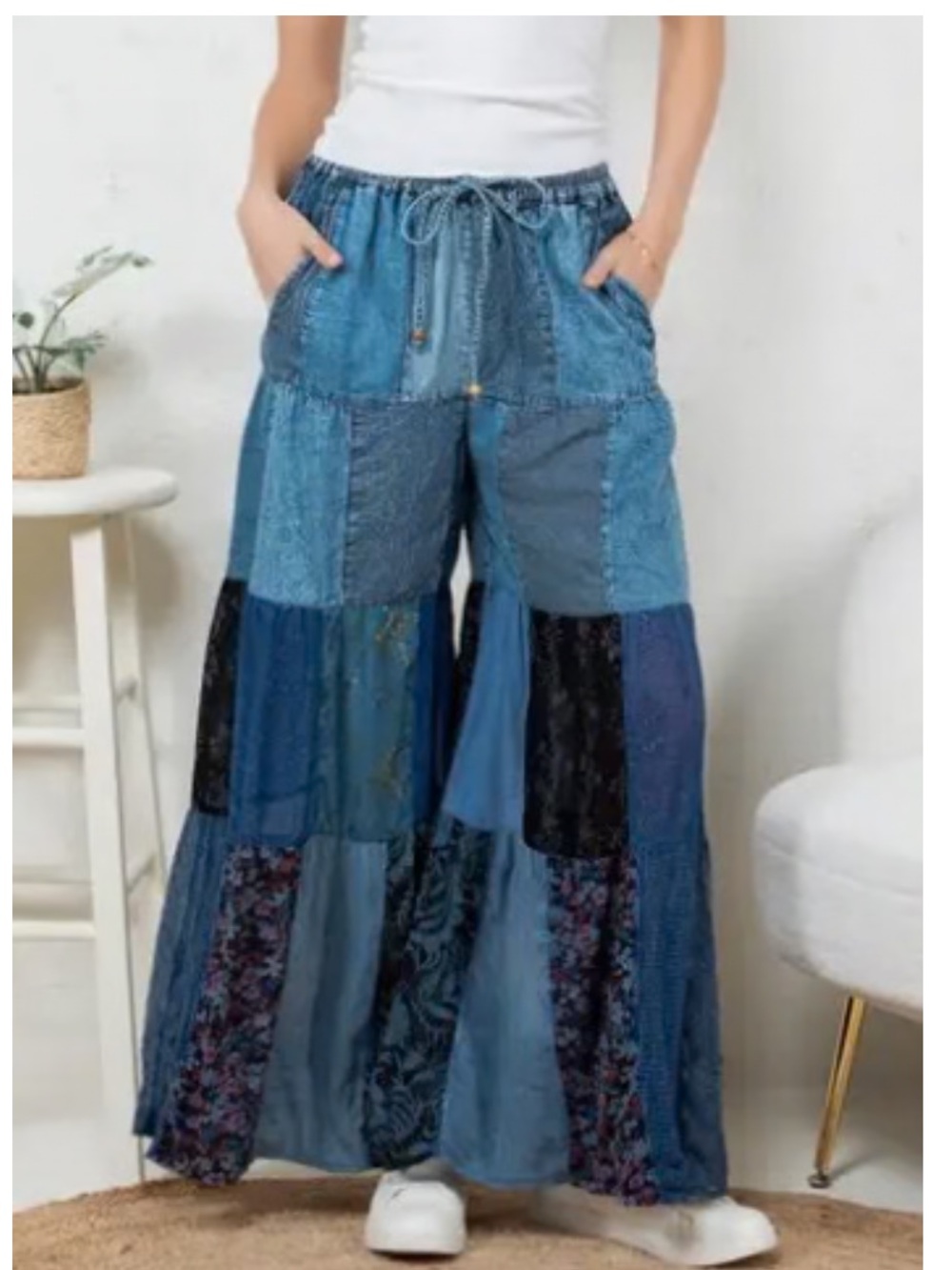 Young Threads Patchwork Meadows Indigo Wide Leg Flowy Pants Size Large